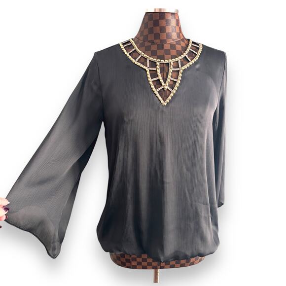 Black Bubble Hem Blouse Medium Gold Rhinestone Collar Top Shirt Bell I.N. Studio - Picture 1 of 11